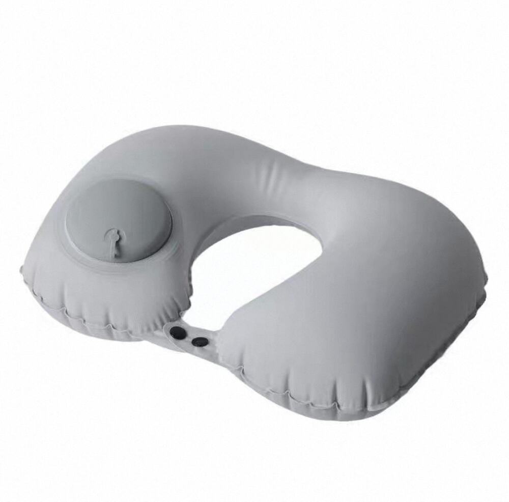 Press-to-Inflate Flocked U Neck Pillow, Travel Pillow for Airplane Car Gray